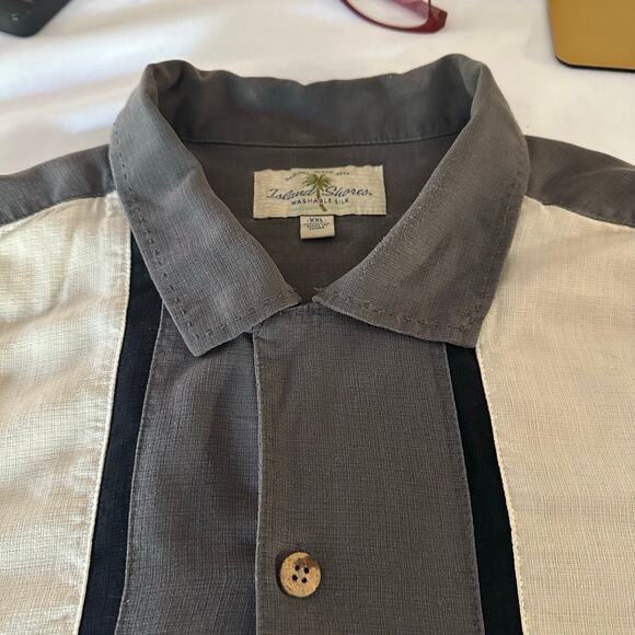 Island Shores Washable Silk Men XXL Cuban Shirt Grey Black Ivory Short sleeve - Picture 7 of 14